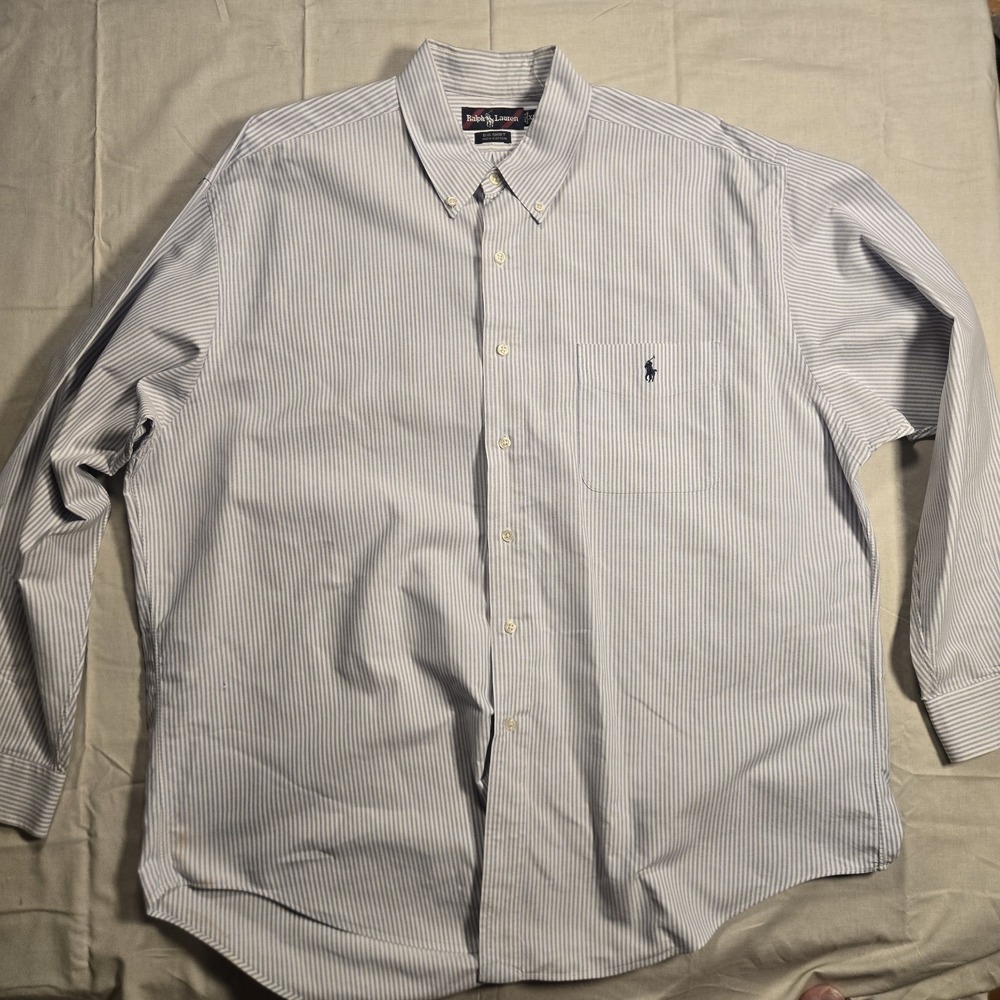 Vtg Ralph Lauren Big Shirt Mens X-Large White Blue Striped Long Sleeve